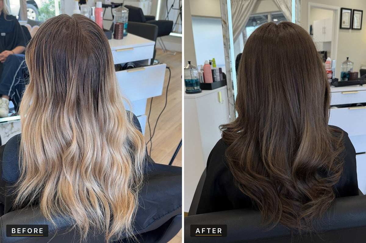 Before and after: grown-out blonde to a rich, glossy brunette