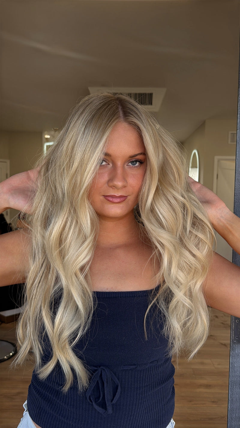 Bright blonde with long waves